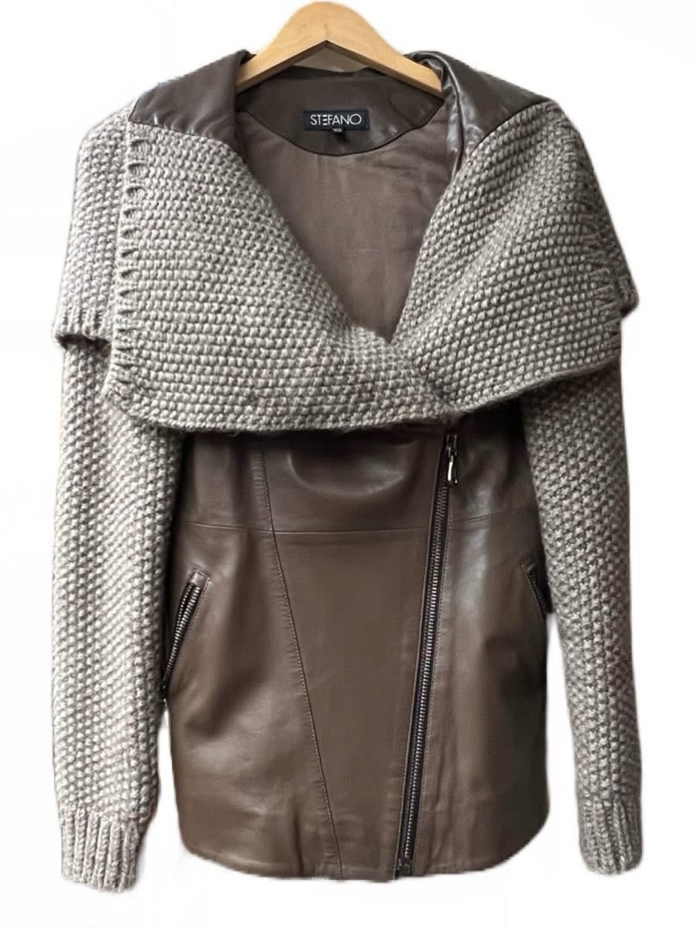 STEFANO Brown Leather Jacket - Classic Soft Finish with knit overlay